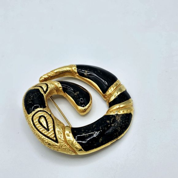 Serpent Snake Brooch Vintage Chunky Paisley Black Enamel Gold Tone Statement Pin - Picture 5 of 8